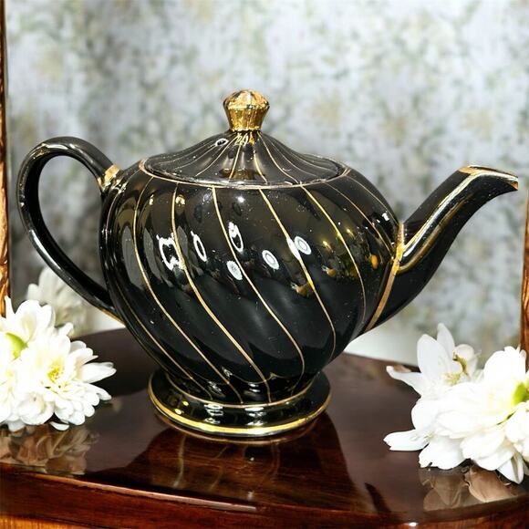 Vintage Ceramic Sadler England Teapot Black Gold Swirl Accent #1745 - Picture 2 of 6